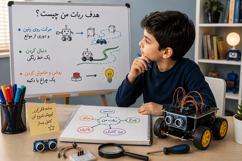 کودک در حال برنامه ریزی برای ساخت ربات